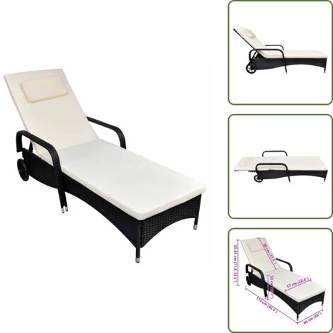 The Living Store Lettino Prendisole con Cuscino e Ruote in Polyrattan Nero - Cuscino per lettino