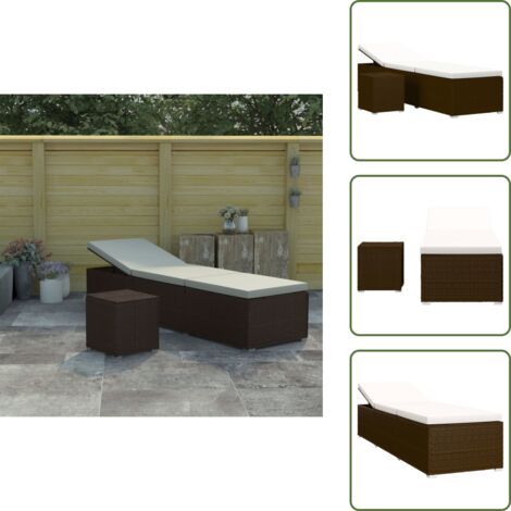 The Living Store Lettino Prendisole con Cuscino e Tavolino in Polyrattan Marrone - Cuscino per sdraio