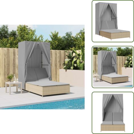 The Living Store Lettino Prendisole con Tetto e Tende Beige in Polyrattan - Lettino da esterno