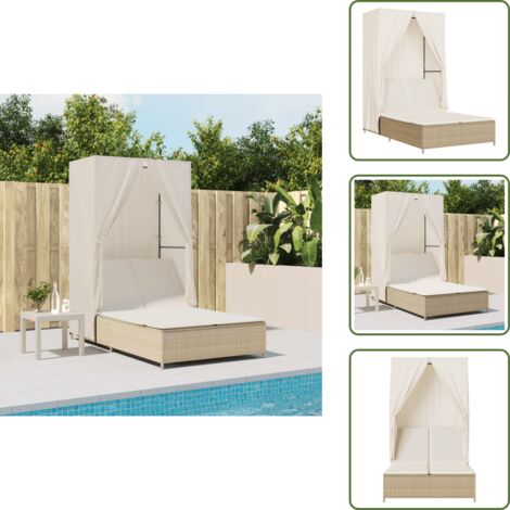 The Living Store Lettino Prendisole con Tetto e Tende Beige in Polyrattan - Lettino esterno