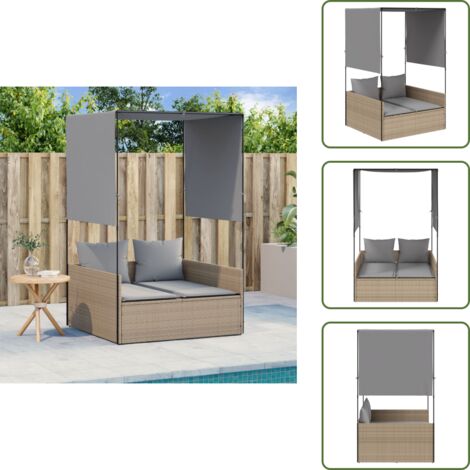 The Living Store Lettino Prendisole con Tetto e Tende Beige in Polyrattan - Lettino esterno
