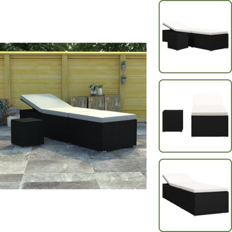 The Living Store Lettino Prendisole Cuscino e Tavolino Polyrattan Bianco Crema - Cuscino