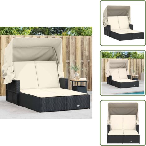 The Living Store Lettino Prendisole Doppio Baldacchino e Cuscini Nero Polyrattan - Cuscini per seduta