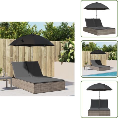 The Living Store Lettino Prendisole Doppio Cuscini e Parasole Grigio Polyrattan - Ombrellone