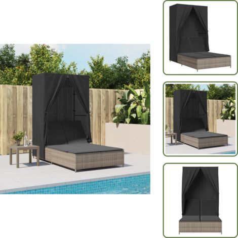 The Living Store Lettino Prendisole Doppio Tetto e Tende Grigio in Polyrattan - Lettino esterno