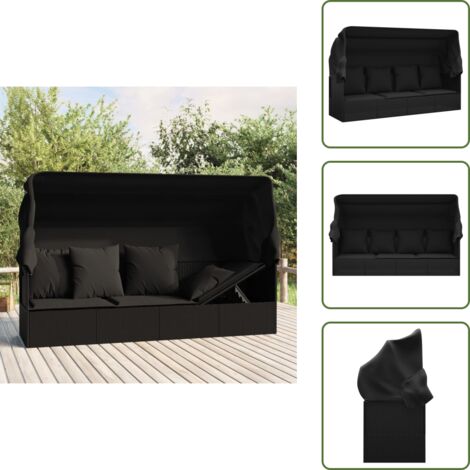 The Living Store Lettino Prendisole Esterno con Tetto e Cuscini Nero Polyrattan - Lettino prendisole