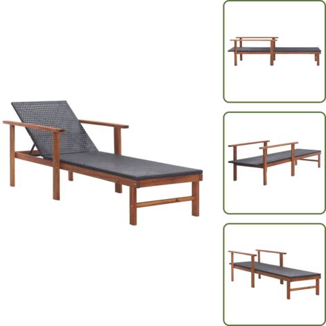 The Living Store Lettino Prendisole Polyrattan e Legno Massello di Acacia Nero - Rattan PE