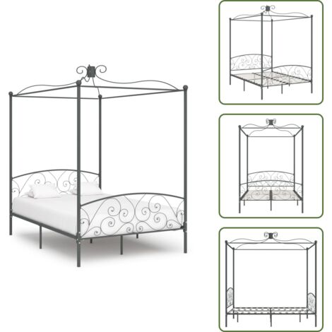 The Living Store Letto a Baldacchino Grigio in Metallo 120x200 cm - Letto in metallo