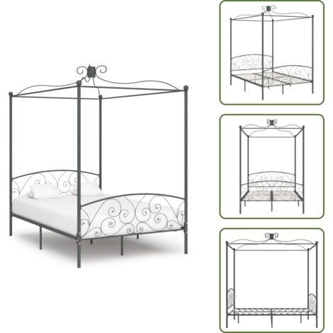 The Living Store Letto a Baldacchino Grigio in Metallo 140x200 cm - Letto in metallo