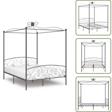 The Living Store Letto a Baldacchino Grigio in Metallo 160x200 cm - Letto in metallo