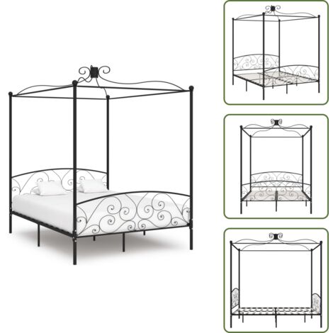 The Living Store Letto a Baldacchino Nero in Metallo 160x200 cm - Letto in metallo