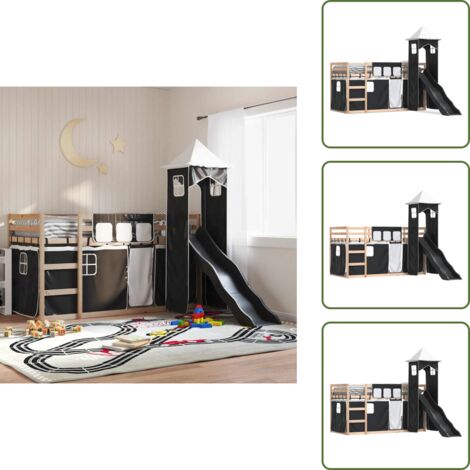 The Living Store Letto a Castello con Scivolo e Tende Bianco e Nero 80x200 cm - Tende per letto