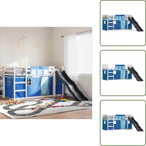 The Living Store Letto a Castello con Scivolo e Tende Blu 90x200 cm - Letto a castello per bambini