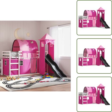 The Living Store Letto a Castello con Scivolo e Tende Rosa 90x190 cm - Letto a castello per bambini
