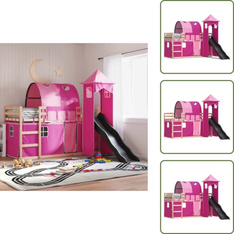 The Living Store Letto a Castello con Scivolo e Tende Rosa 90x190 cm - Letto a castello per bambini