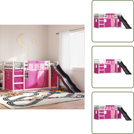 The Living Store Letto a Castello con Scivolo e Tende Rosa 90x190 cm - Scivolo per bambini