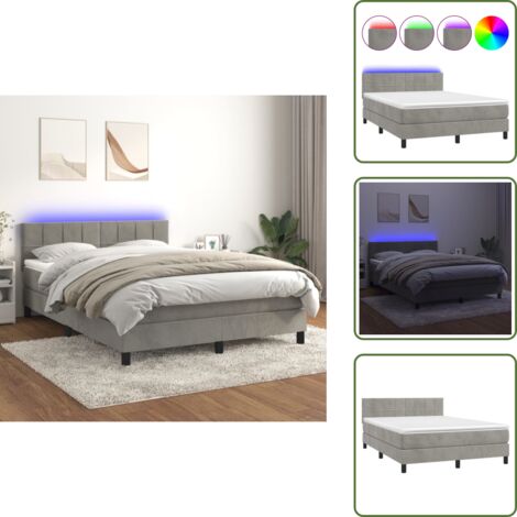 The Living Store Letto a Molle con Materasso e LED Grigio Chiaro 140x200 cm Velluto - Materasso a molle