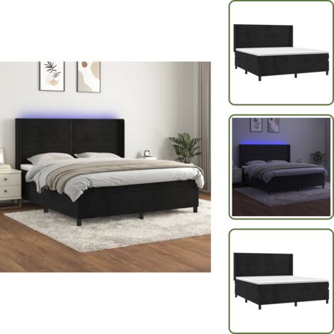 The Living Store Letto a Molle con Materasso e LED Nero 180x200 cm in Velluto - Materasso a molle