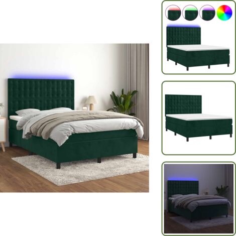 The Living Store Letto a Molle con Materasso e LED Verde Scuro 140x190cm Velluto - Materasso a molle