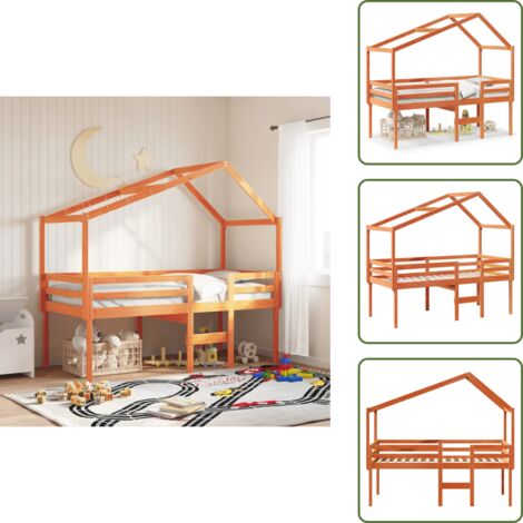 The Living Store Letto a Soppalco con Tetto Marrone Cera 90x200 cm Legno di Pino - Letto con tetto