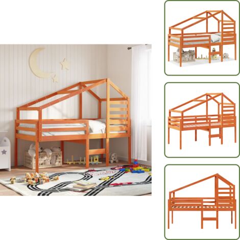 The Living Store Letto a Soppalco con Tetto Marrone Cera 90x200 cm Legno di Pino - Letto con tetto