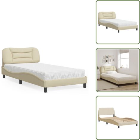 The Living Store Letto con Materasso Hvar Crema 100x200 cm in Tessuto - Materasso in schiuma