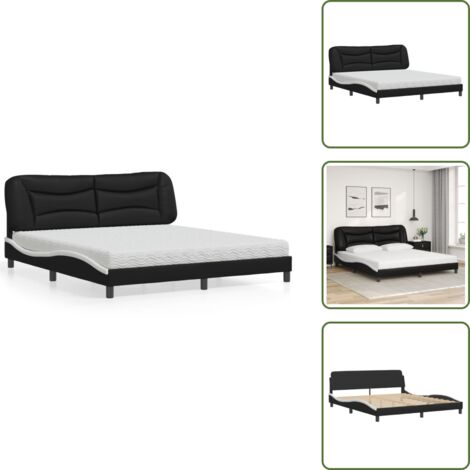 The Living Store Letto con Materasso Hvar Nero e Bianco 180x200 cm in Similpelle - Materasso in schiuma