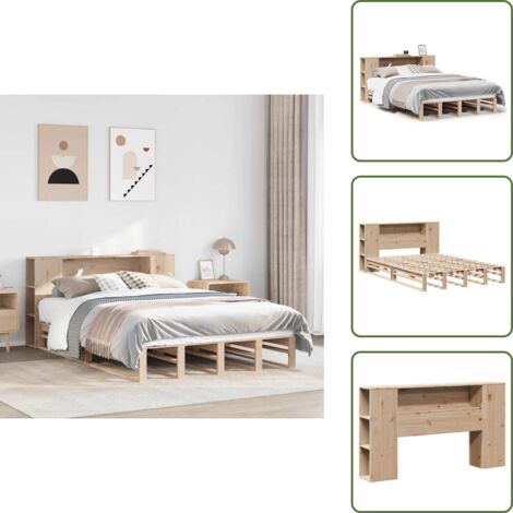 The Living Store Letto Libreria senza Materasso 135x190 cm in Legno Massello - Letto con testiera