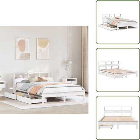 The Living Store Letto Libreria senza Materasso Bianco 140x200 cm Legno di Pino - Letto con cassetto