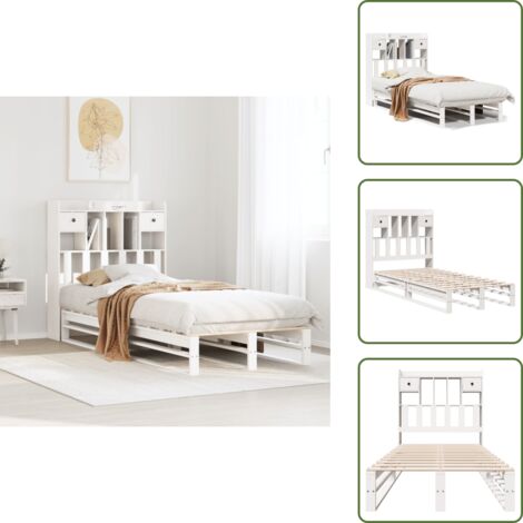 The Living Store Letto Libreria senza Materasso Bianco 90x190 cm Massello Pino - Letto con libreria