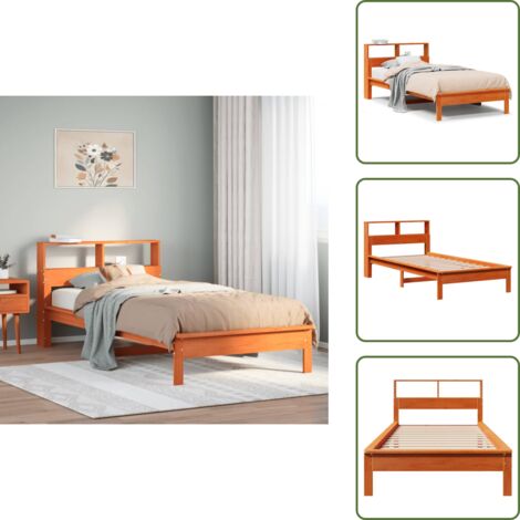 The Living Store Letto Libreria senza Materasso Marrone Cera 100x200 cm in Pino - Letto con base a doghe