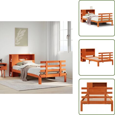 The Living Store Letto Libreria senza Materasso Marrone Cera 100x200 cm in Pino - Letto con testiera