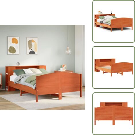 The Living Store Letto Libreria senza Materasso Marrone Cera 140x200 cm in Pino - Letto con testiera