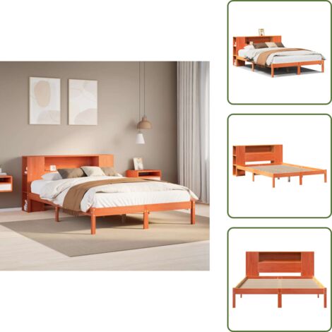 The Living Store Letto Libreria senza Materasso Marrone Cera 140x200 cm in Pino - Letto con testiera