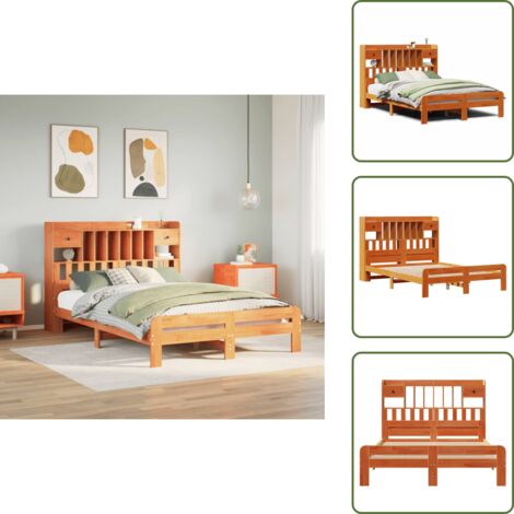 The Living Store Letto Libreria senza Materasso Marrone Cera 160x200 cm in Pino - Letto con testiera