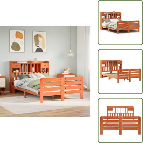 The Living Store Letto Libreria senza Materasso Marrone Cera 160x200 cm in Pino - Letto con testiera