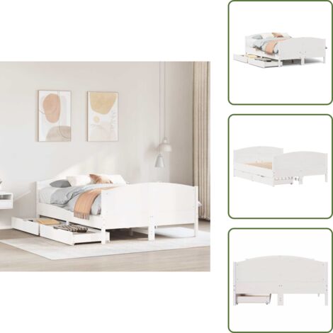 The Living Store Letto senza Materasso Bianco 150x200 cm Legno Massello di Pino - Letto con cassetto