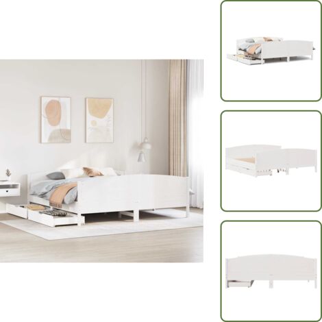 The Living Store Letto senza Materasso Bianco 160x200 cm Legno Massello di Pino - Letto con cassetto