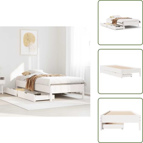 The Living Store Letto senza Materasso Bianco 75x190 in Legno Massello di Pino - Letto con cassetti