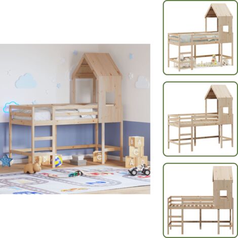 The Living Store Letto Soppalco con Scala e Tetto 80x200 cm Legno Massello Pino - Letto con scala