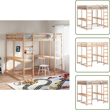 The Living Store Letto Soppalco con Scrivania e Scala 140x200 cm Massello Pino - Scrivania