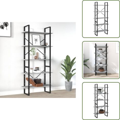 The Living Store Libreria 5 Ripiani Grigio Sonoma 80x30x175 cm Legno Multistrato - Scaffale in legno