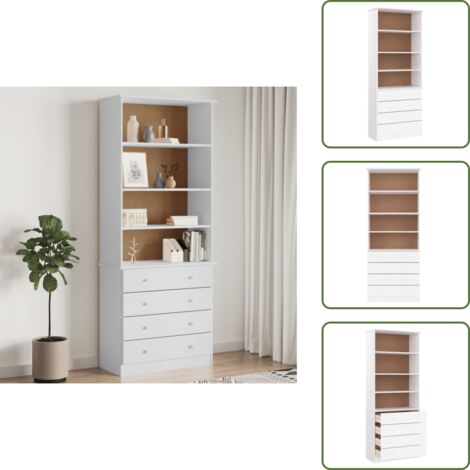 The Living Store Librería con cajones ALTA madera de pino blanco 77x35x186,5 cm - Estantería de libros