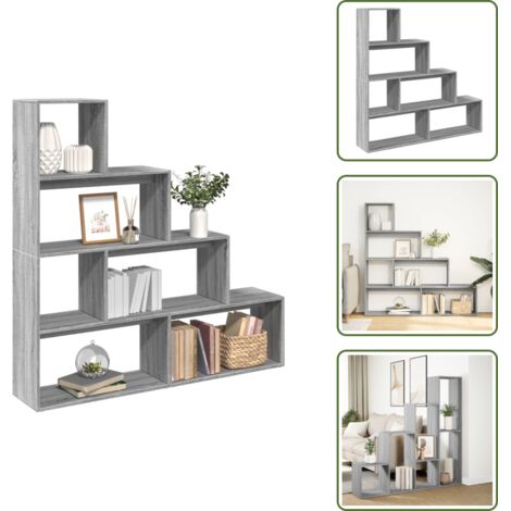 The Living Store Librería divisora 4 niveles madera gris Sonoma 143,5x29x143,5cm - Estantería separadora