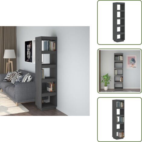 The Living Store Libreria/Divisorio Grigio 40x35x167 cm in Legno Massello di Pino - Scaffale per libri