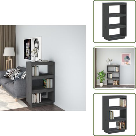 The Living Store Libreria/Divisorio Grigio 60x35x103cm in Legno Massello di Pino - Scaffale per libri