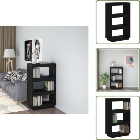 The Living Store Libreria/Divisorio Nero 60x35x103 cm in Legno Massello di Pino - Scaffale per libri