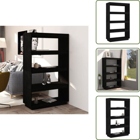 The Living Store Libreria/Divisorio Nero 80x35x135 cm in Legno Massello di Pino - Scaffale per libri