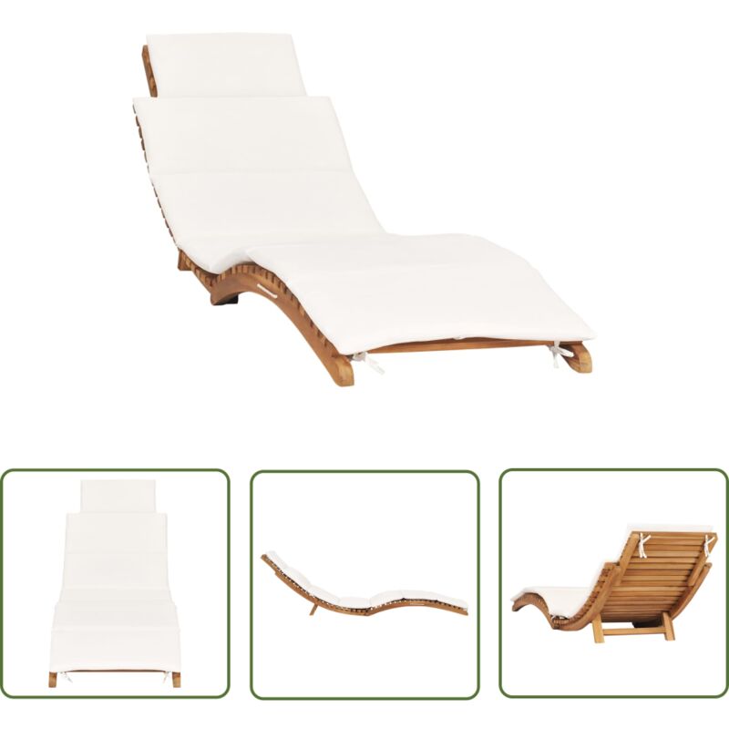 The Living Store - Chaise longue pliable avec coussin blanc crème Bois de teck - Chaise Longue - Transat - Mobilier De Jardin - Chaise Longue En Bois