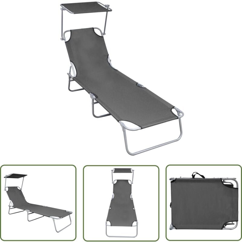 The Living Store - Chaise longue pliable avec auvent Gris Aluminium - Transat - Chaise Longue - Mobilier De Jardin - Jardin - Piscine